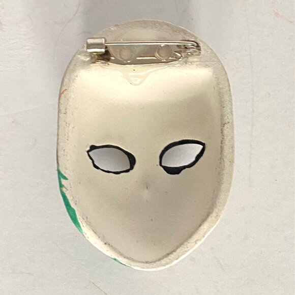 Mardi Gras Mask Hand Painted Ceramic Pin Brooch With Gold Teal Floral Accents - Picture 2 of 4